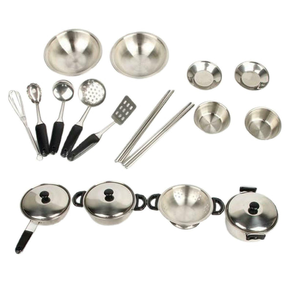 20x Kitchen Pretend Play Toys Stainless Steel Cookware Pots and Pans Set
