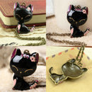 Retro Jewelry Black Drip Paint Smile Cat Pendant Necklace Long Necklace 3c