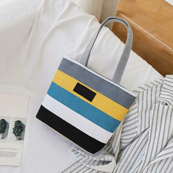 Fashion Striped Shoulder Handbags Women Canvas Large Shopping Totes (Grey)