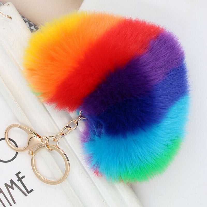 Rainbow Heart Fluffy Ball Keychain Car Key Ring Holder Bag Charm Ornament