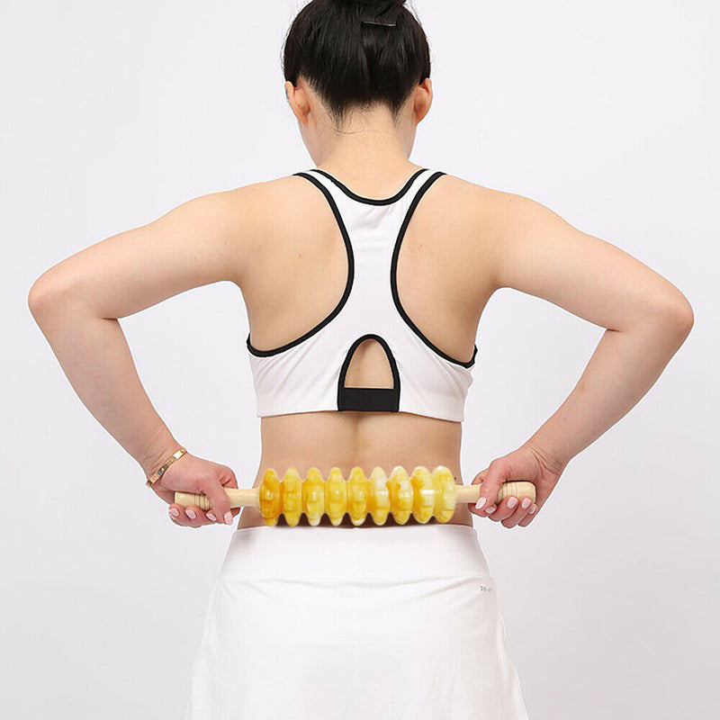 Massage Roller Stick Plastic Wheel Wood Handle Health Massager 9 Rollers f. Body