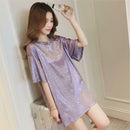 Fashion Women Bling Solid Short Sleeve Loose T-Shirts Long Tops (Purple L)