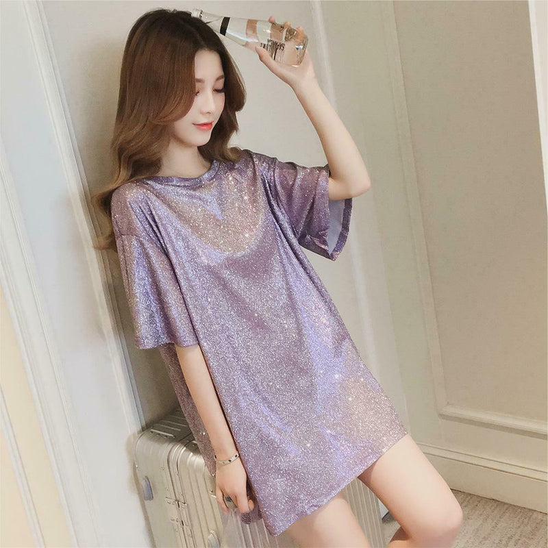 Fashion Women Bling Solid Short Sleeve Loose T-Shirts Long Tops (Purple L)