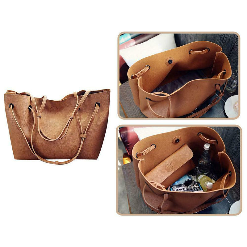 2pcs/set Women Litchi Pattern Handbags Solid Color Clutch (Light Brown)