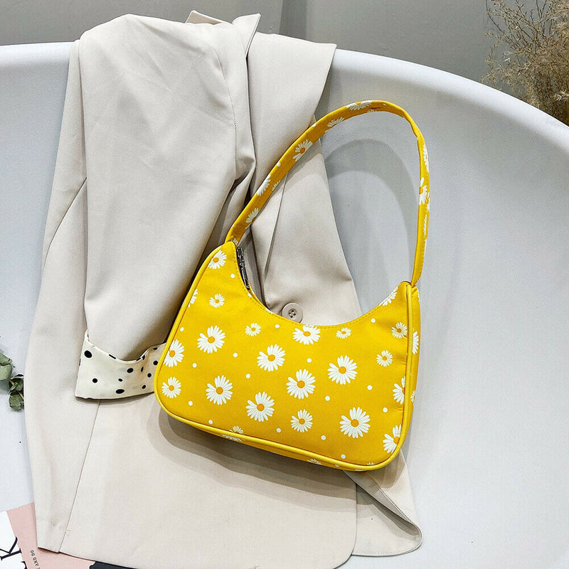 Women Flower Daisy Handbag Nylon Casual Underarm Shoulder Tote Bag (Yellow)