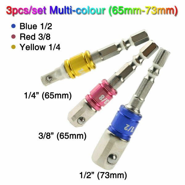 3PCS Drill Socket Adaptor Hex Drive To 1/4" 3/8" 1/2" Impact Drill BIts Driver