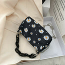 Daisy Flower Handbag Beach Women Canvas Chain Shoulder Bucket Bag (Black)