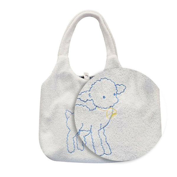 Fleece Shoulder Bag Women Sheep Print Handbag Winter Fuzzy Crossbody Satchel