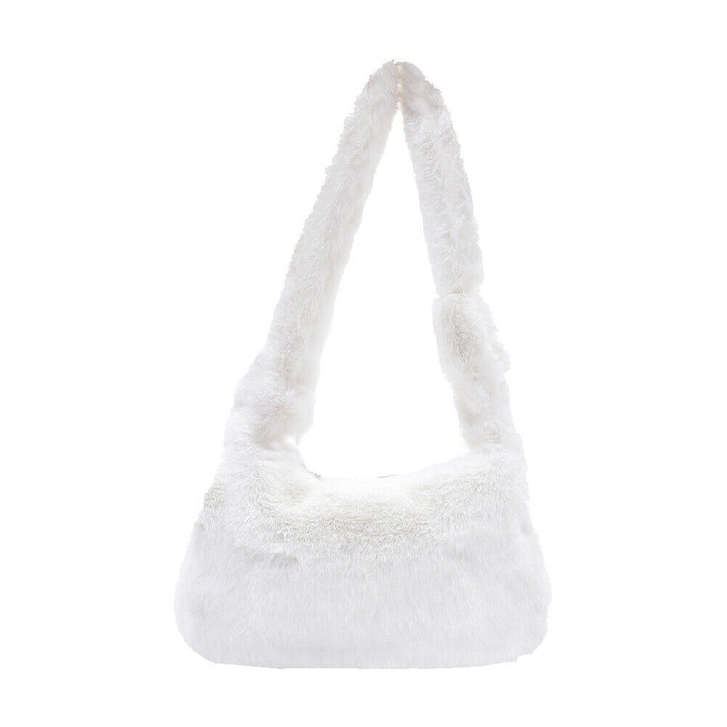 Women Fluffy Shoulder Bag Solid Plush Handbags Female Winter Totes (White)