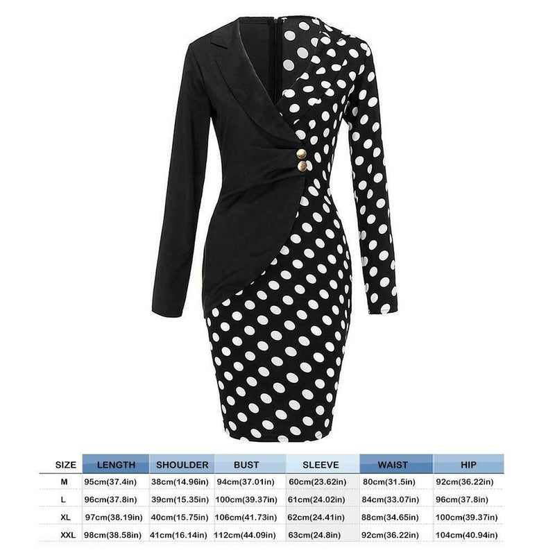 Wave Point Women Long Sleeve Lapel Stitching Formal Dress (Black M) A