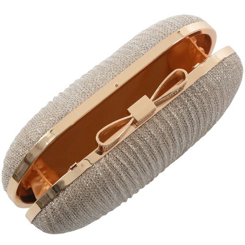 Golden Evening Clutch Bag Women Bags Wedding Shiny Handbags Bridal Metal BowQ6C3