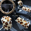 3Pcs /Set Beige Leopard Fluff Plush Steering Wheel Cover Winter Car Accessor-3C
