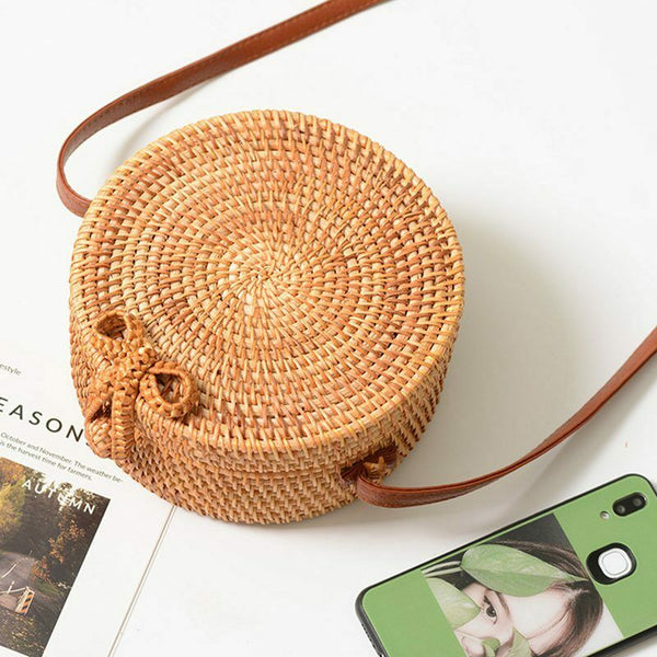 Round Women Summer Rattan Bag Handmade Woven Beach Cross Body Bag Circle Bo M6G8