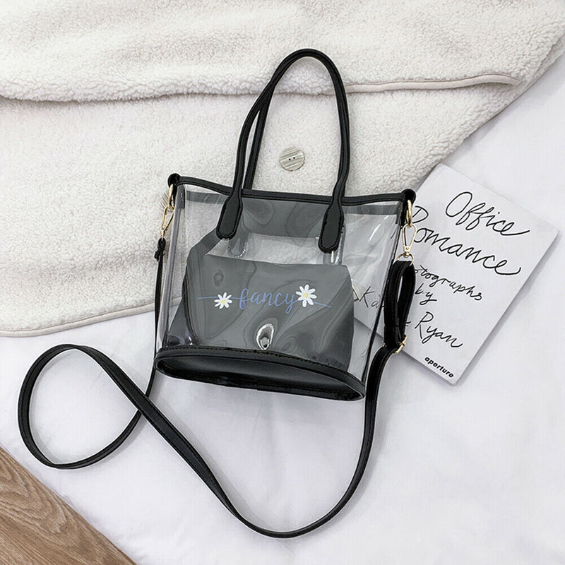 2pcs PVC Transparent Women Shoulder Crossbody Bag PU Clutch Handbag (Black)