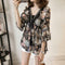 Women Plus Size Floral Print Chiffon Loose V-Neck Sleeve Top (Brown) (L)