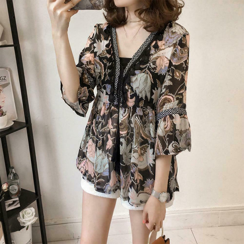 Women Plus Size Floral Print Chiffon Loose V-Neck Sleeve Top (Brown) (L)