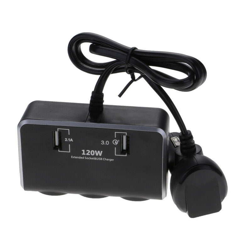 3 Sockets Cigarette Lighter Quick Charge 3.0 Car Charger Splitter Adapter Black