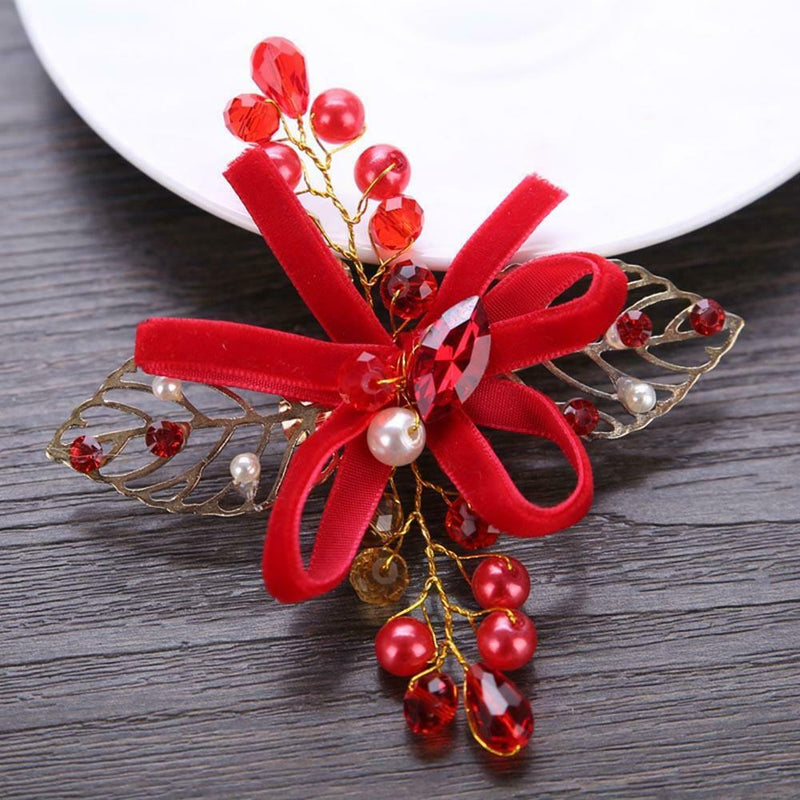 Women Red Crystal Leaf Hairpin Kids Girls Bride Wedding Bowknot Hair Clips