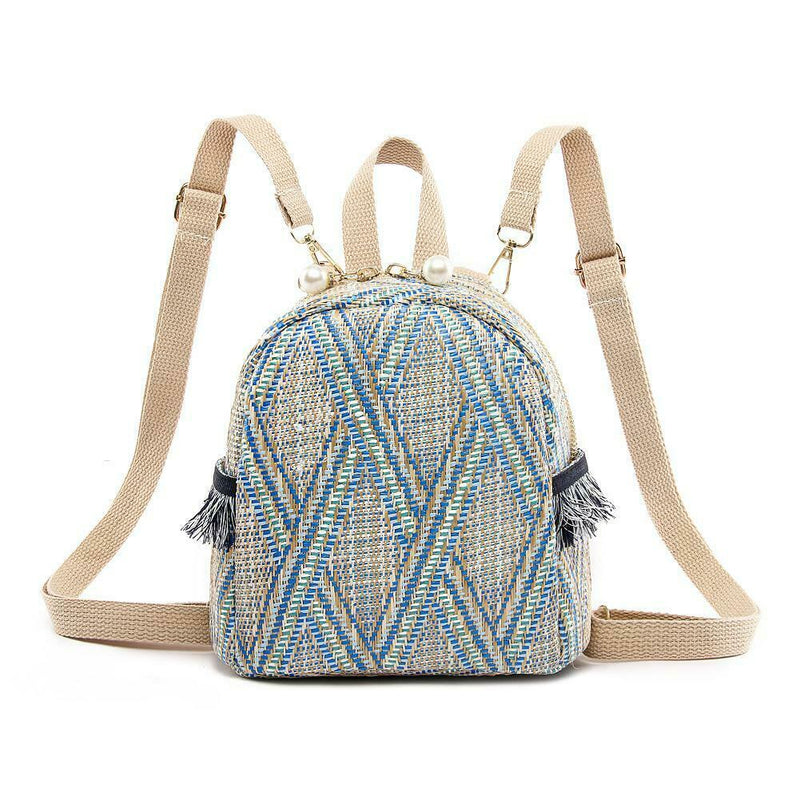 Straw Woven Small Backpacks Women Stripe Print Shoulder School Bags (Blue)