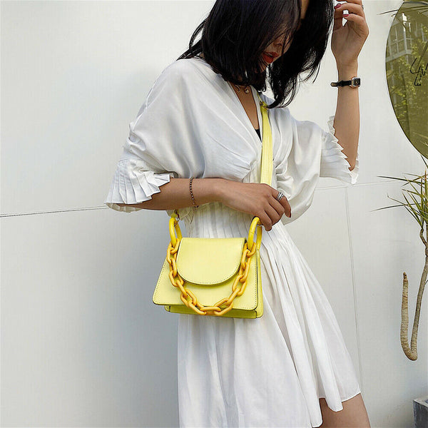 Candy Color PU Leather Crossbody Bags Women Chain Shoulder Totes (Yellow) A#S