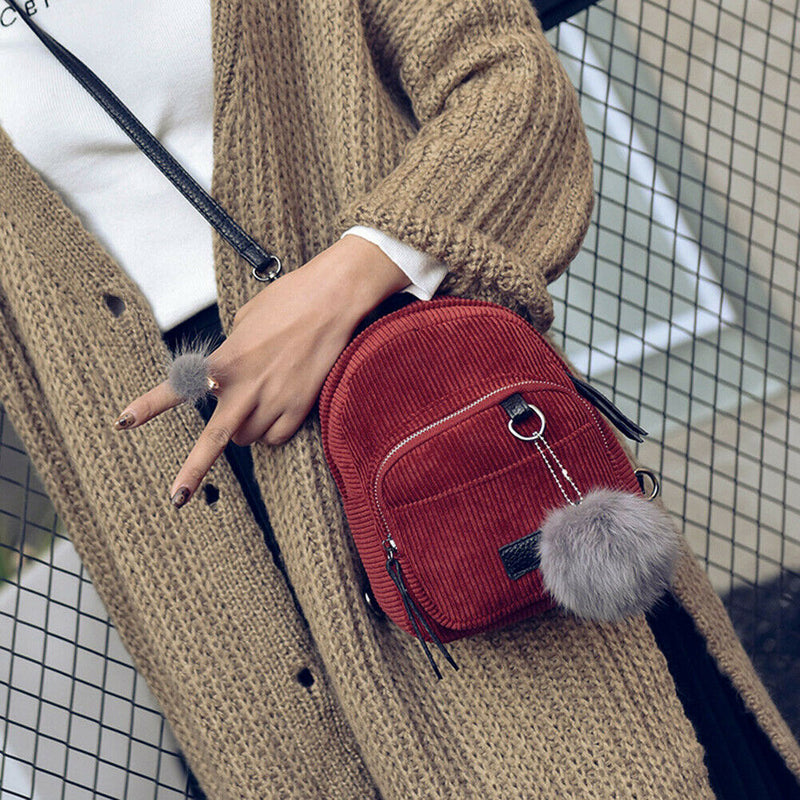 New Fashion Spring Women Corduroy Mini Backpack Girls School Bag with Plush