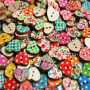 100 Pcs Mixed 2Holes Wooden Buttons Cartoon Print Heart Shaped Scrapbookin-New S