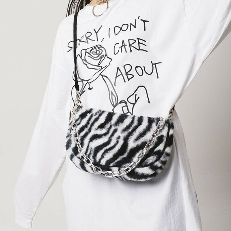 Lady Zebra Pattern Plush Shoulder Handbags Small Purse Tote Street Messenger Bag