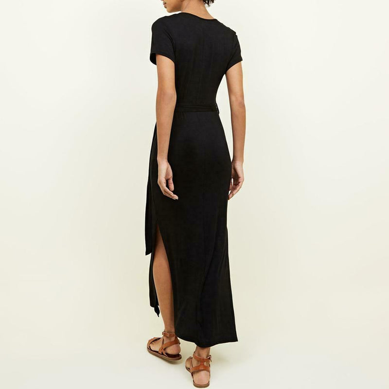 Plus Size Lacing Women Dress Solid Short Sleeves Split Long Dresses (3XL)