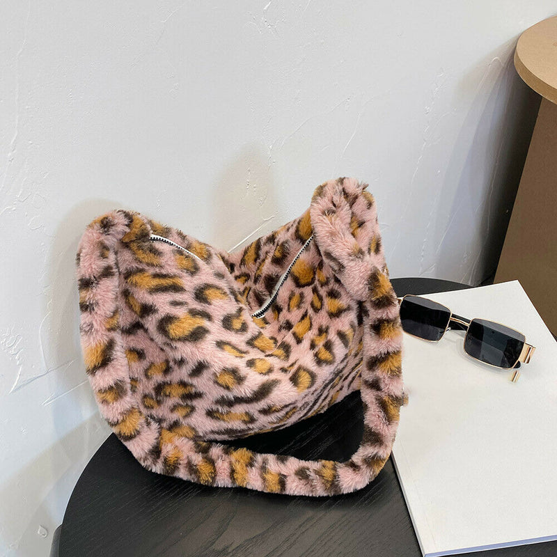 Animal Pattern Shoulder Underarm Bag Women Plush Top-handle Handbag (2)