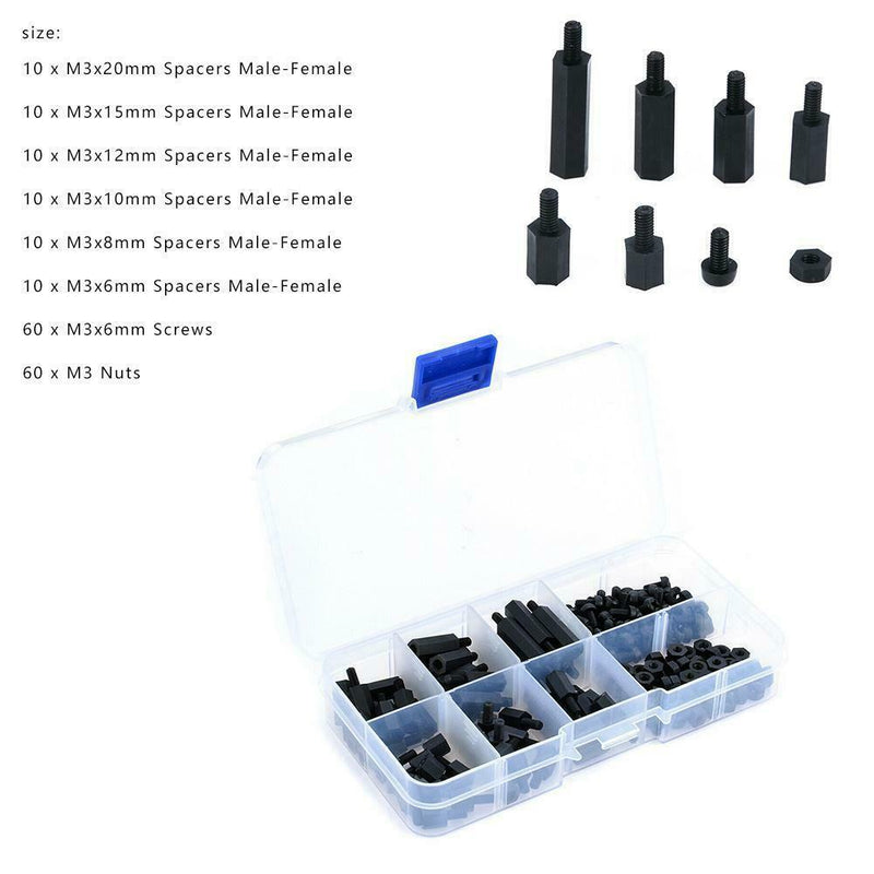 180PCS Plastic M3 Nylon Hex Spacers Screw Nut Stand-off Assortment Kit