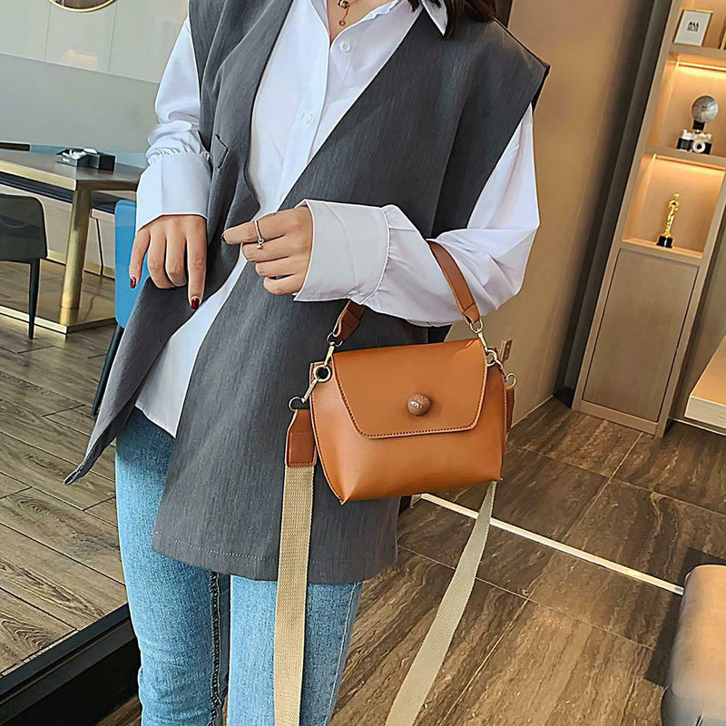 Women Fashion Wide Shoulder Messenger Bag PU Leather Retro Handbag (Brown) A