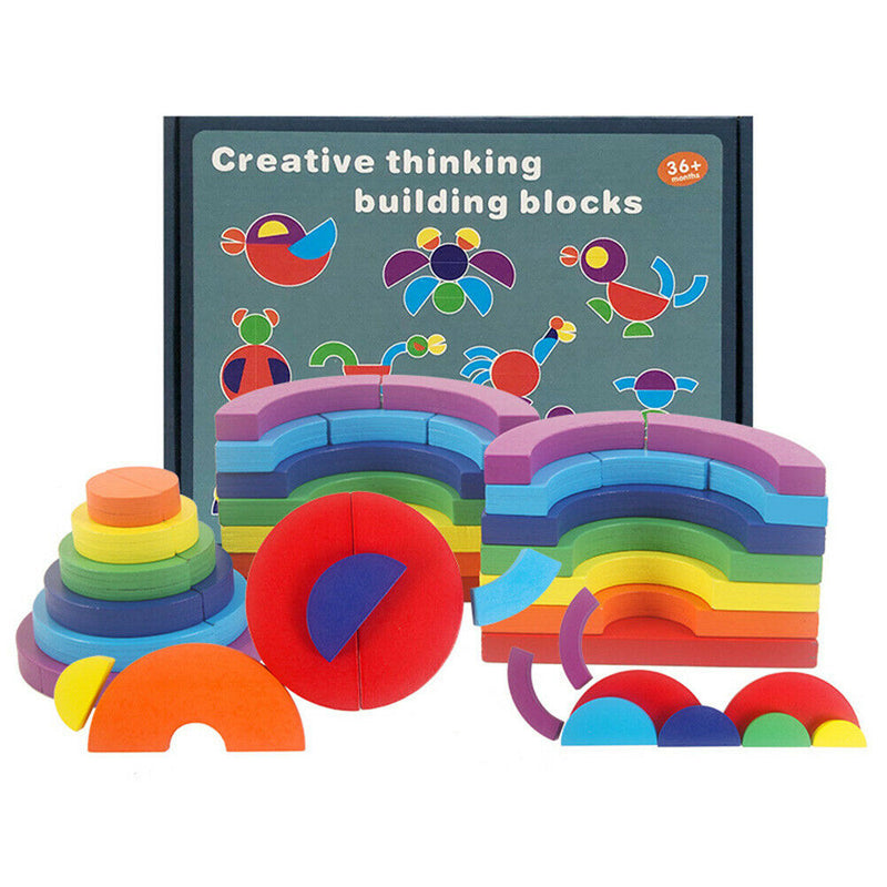 Geometric Shape Kids Wooden Rainbow Stack Building Blocks Educational Toys