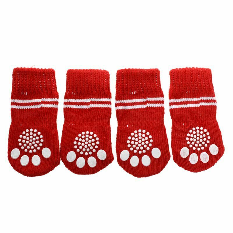 Red White Nonslip Christmas Tree Print Pet Dog Knitted Socks L4N5