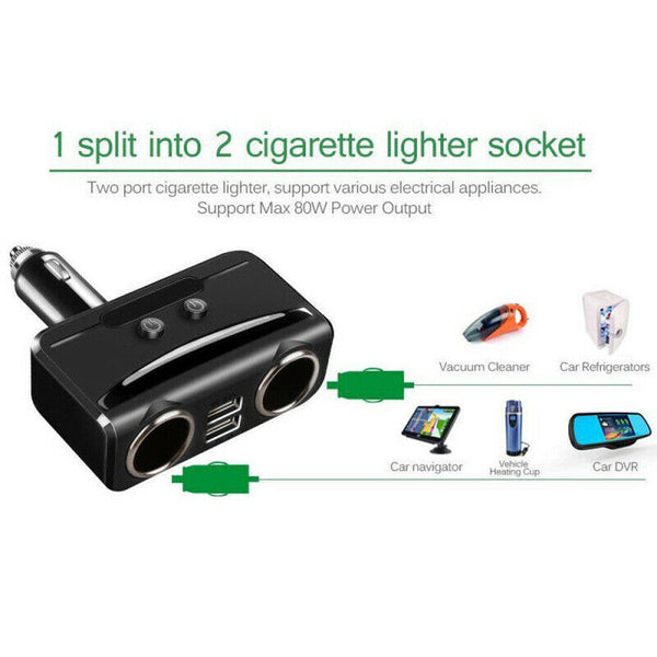 Car LCD Cigarette Lighter Socket Distributor DC 12V Dual USB Charger Power QNF