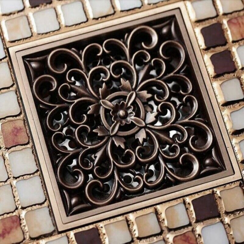 Flower Carved Art Square Bathroom Floor Drain Copper Deodorant Floor Drain  Q1Q5