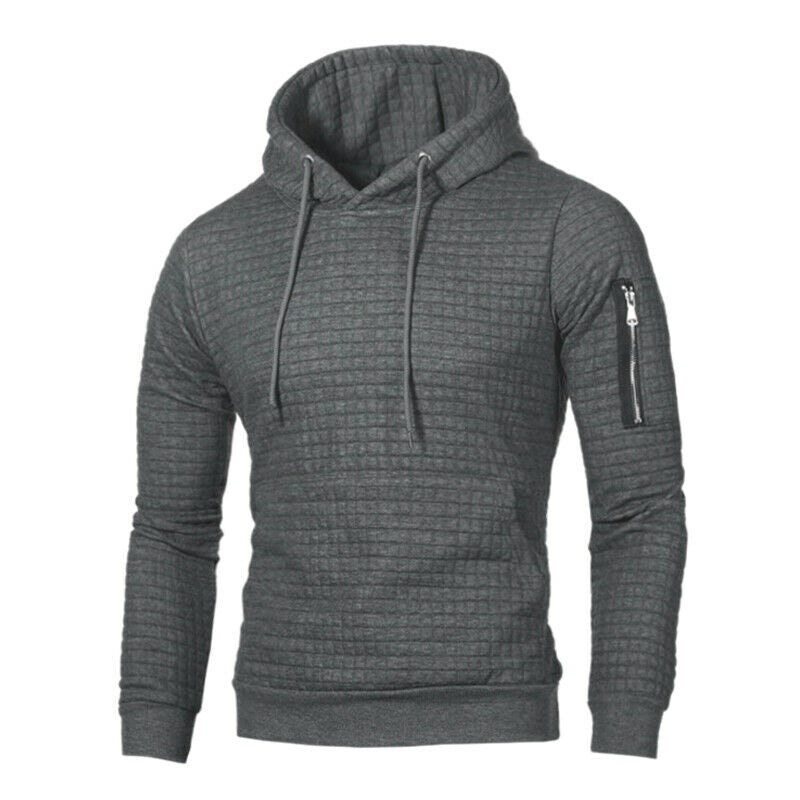 Men Fashion Warm Plaid Design Pocket Hip Hop Hooded Sweatshirt Casual Solid W4G4