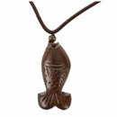 Woman Oxhide Synthetic Leather Necklace Wood Lucky Fish Pendant Brown