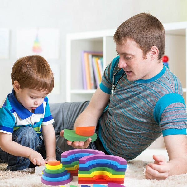 Geometric Shape Kids Wooden Rainbow Stack Building Blocks Educational Toys