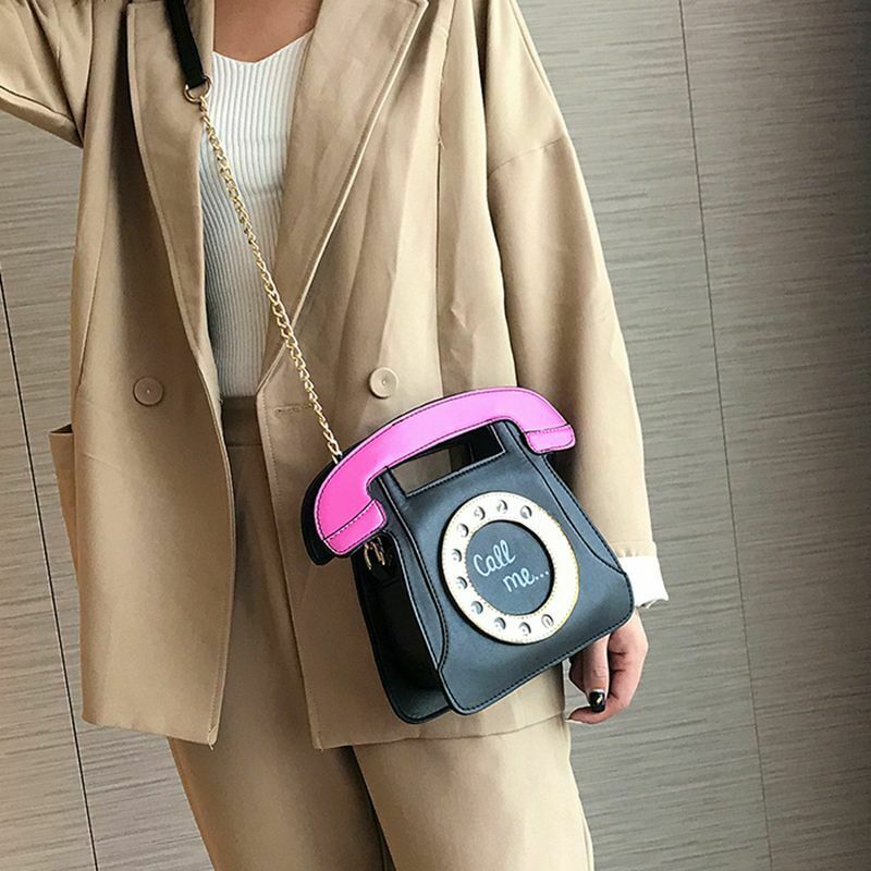 Telephone Shaped Women Retro Cross Body Bag PU Leather Clutch Purse Chain B M8L5