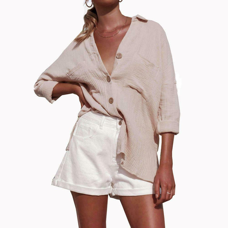 Long Sleeve Blouse Women Turn Down Collar Plain Cardigan Tops (Khaki XL)