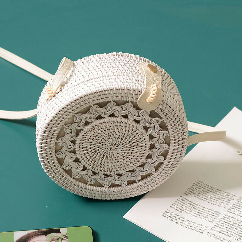 New White Round Rattan Bags For Women Boho Beach Crossbody Bag Straw Handma V6Z7