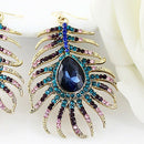 Women Charm Rhinestone Peacock Feather Shape Statement Hook Dangle Earring Delux