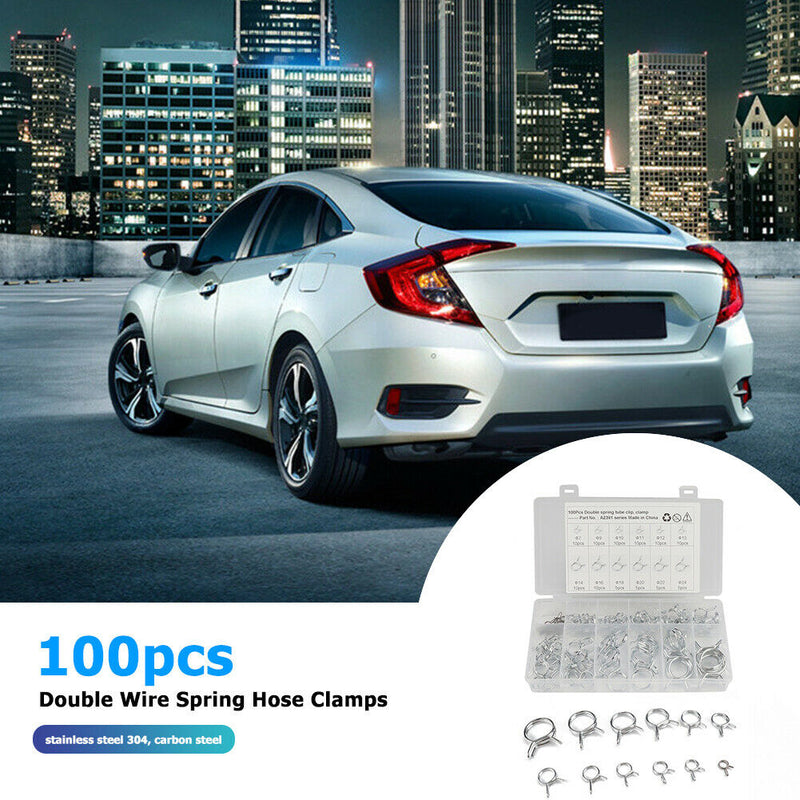 100pcs 12 Sizes Double Wire Spring Hose Clamps Fuel Line Hose Tube Clip Assorted