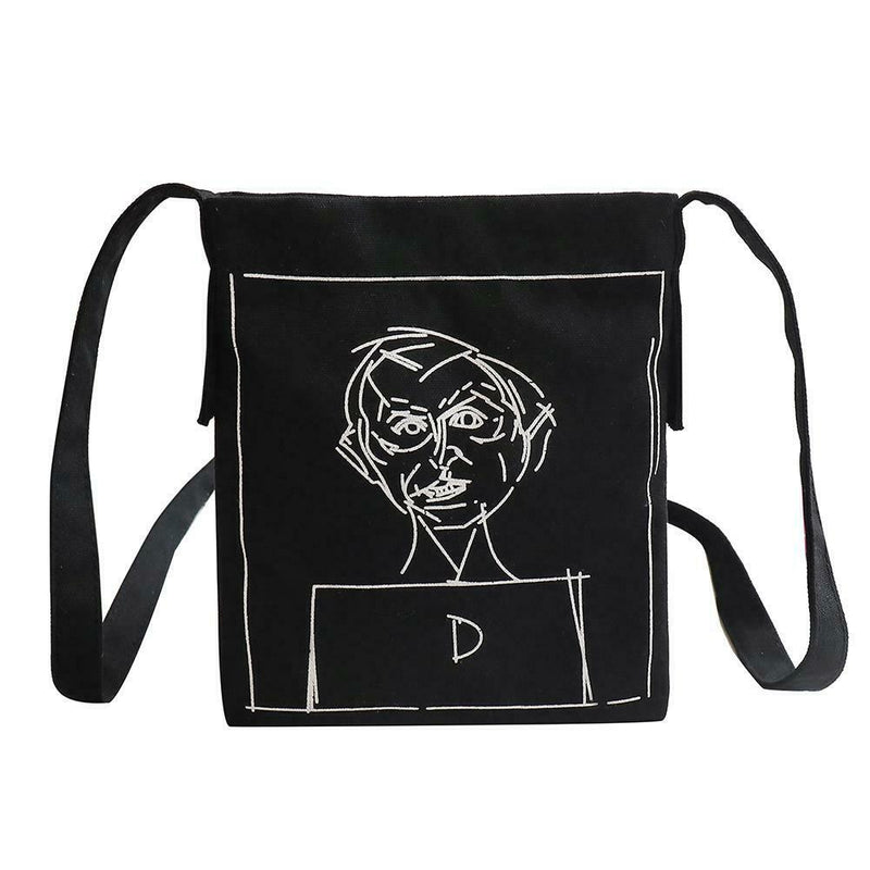 Canvas Women Shoulder Crossbody Bag Cartoon Printed Daily Handbag (Black) A