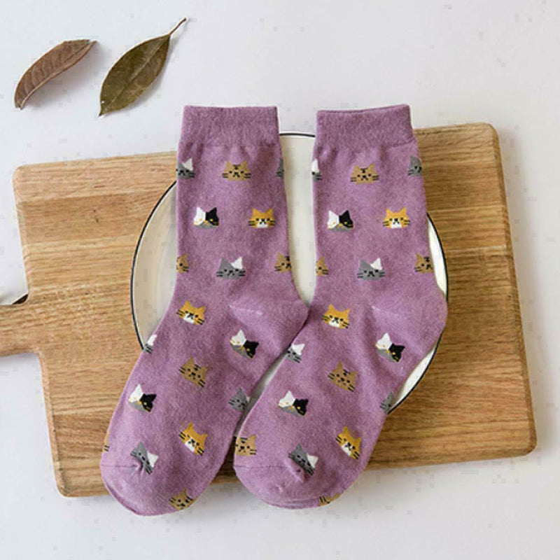 1 Pair Women Cute Cat Pattern Cotton Socks Anti-slip Multi-colo Breathable P8E4