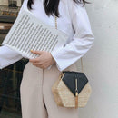 Hex-shape Straw+PU Shoulder Handbags Beach Women Top-handle Bags (Black) SN9F