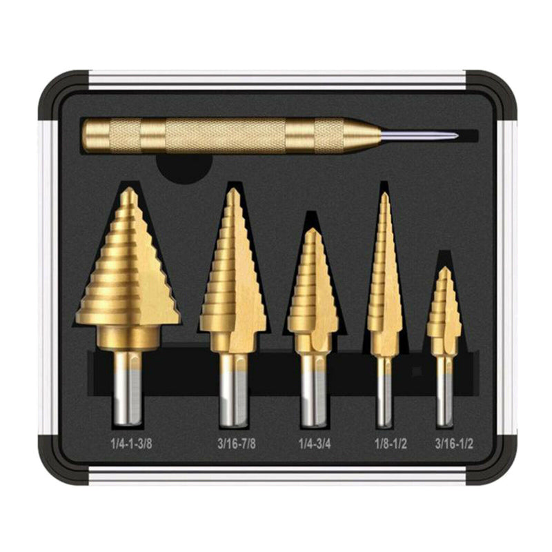 6PCS Steel Step Drill Hex Shank Set with Aluminum Case,Double Cutting Blades &