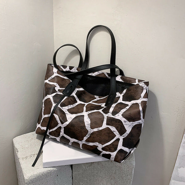 Women Leopard Handbags Fashion PU Leather Large Capacity Shoulder Tote Bag