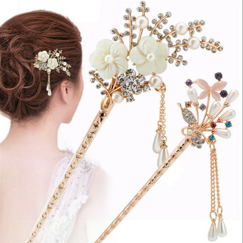 Women Elegant Flower Wedding  Hair Pin Colorful Hairpin Rhinestone Hair Stick Gw