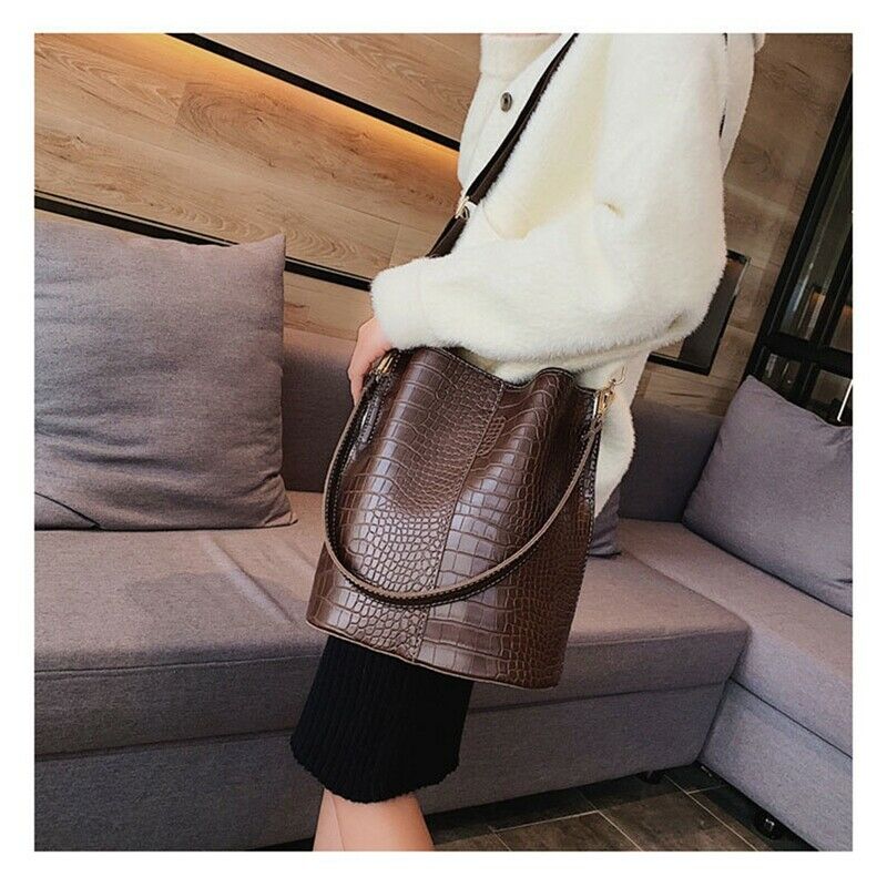 Women Large Capacity Alligator Bucket Bags Crocodile Pattern Handbag Casual I1A4